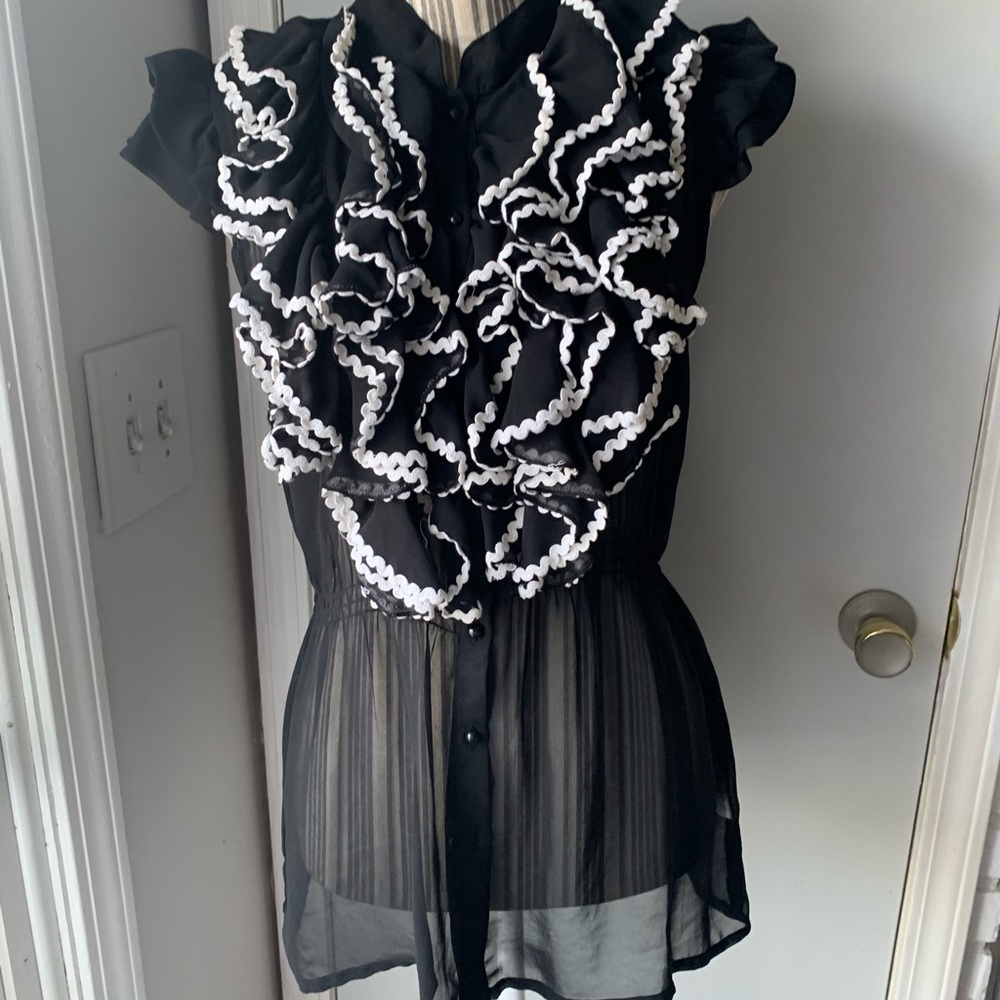 Influence black sheer button up ruffle top. Medium
